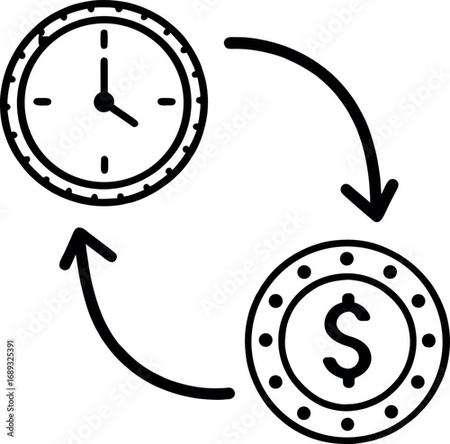  Clock and coin on outline icon vector