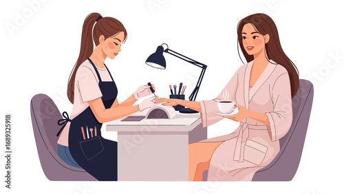 Professional nail technician carefully applying gel polish to a client s fingernails at a salon