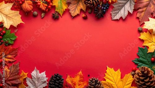 Autumn leaves frame a red background with pine cones and berries, perfect for seasonal greetings and fall-themed design projects.