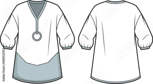 Stylish women’s tunic top technical cad drawing, long sleeve fashion flat sketch, modern design vector template for clothing illustration