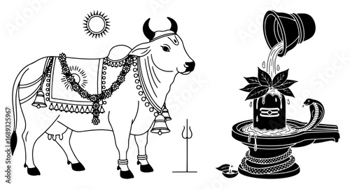 Nandi cow and Shiva lingam worship vector