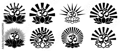 Om lotus sunburst icon collection vector