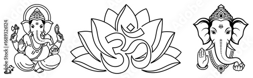 Ganesha and Om lotus icon set outline vector