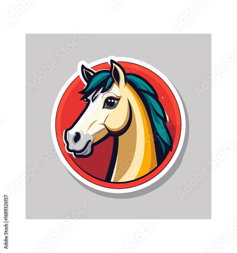 Fun logo or icon design of a horse head sticker style, vector illustration. AI