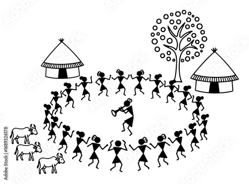 Warli tribal village dance circle silhouette vector