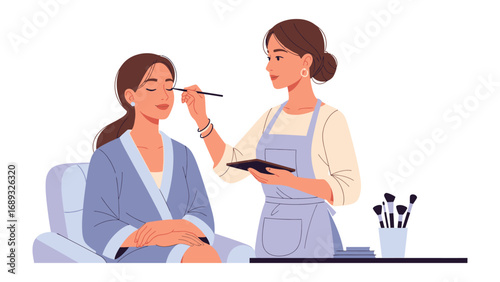 Professional makeup artist applying eyeshadow to a client sitting in a chair in a salon setting
