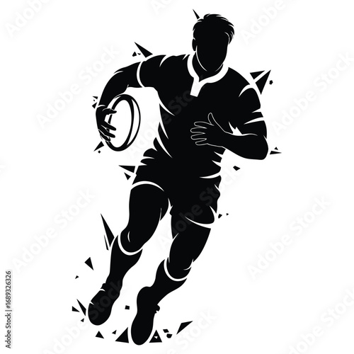 Black and white rugby player silhouette with dynamic geometric explosion and running motion on white background