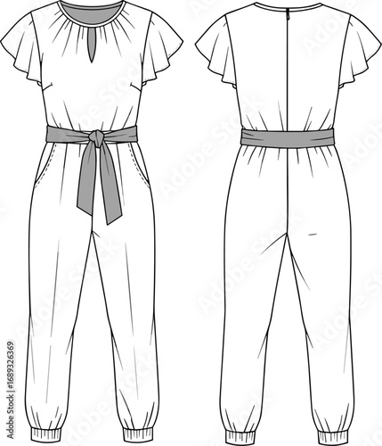 Stylish women's jumpsuit with belt and flutter sleeves, CAD flat sketch, vector fashion illustration, front and back view