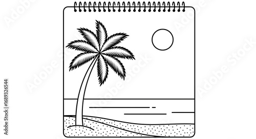 Minimalist line drawing of a tropical beach scene in a sketchbook