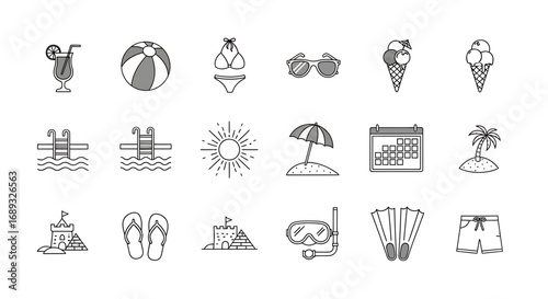 Collection of summer vacation and beach activity icons