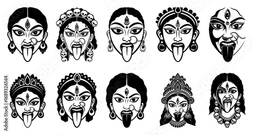 Kali goddess face icon collection vector silhouette shape