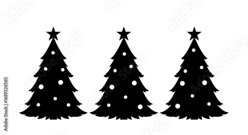 Three black silhouette christmas trees with white ornaments and stars