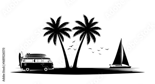 Retro camper van with surfboards and sailboat on a tropical beach with palm trees