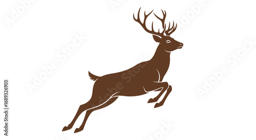 Majestic brown deer with large antlers leaping gracefully against a white background
