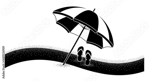 Black and white illustration of a beach umbrella and flip flops on the sand