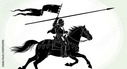 Silhouette of a knight in full armor riding a horse with a lance and banner