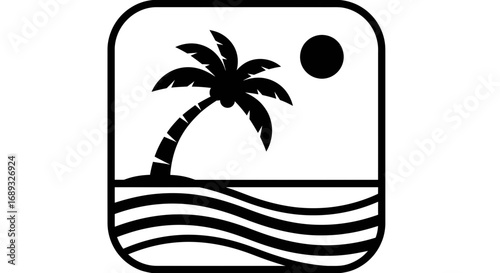 Simple black and white icon of a tropical beach scene