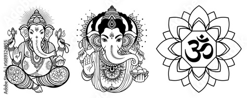Lord Ganesha with Om symbol in a lotus flower hindu icons collection set
