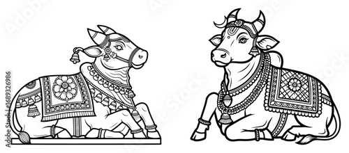 Decorated sacred indian cow Nandi the vehicle of Shiva vector outline