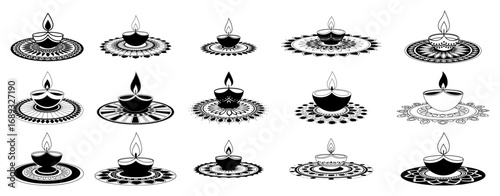 Quadro su tela Diwali diya rangoli icon set silhouette vector