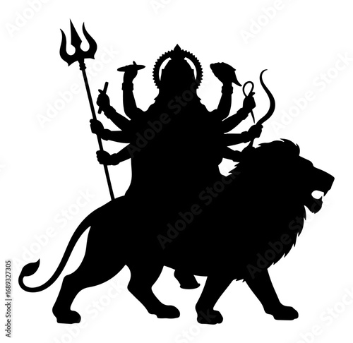 Durga lion rider multi arm silhouette vector