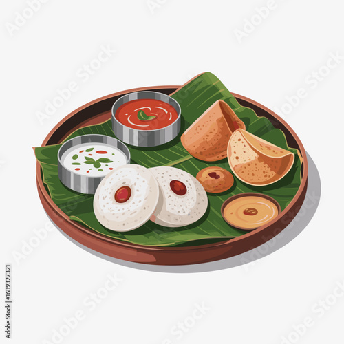 South Indian Tiffin Platter with Idli Vada and Chutnys Illustration