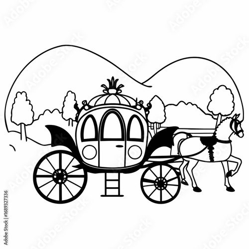 Illustration of a horse drawn carriage with a landscape background in black and white line art style