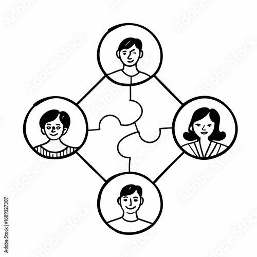 Four people connected by puzzle pieces in a circular network forming a collaborative team concept