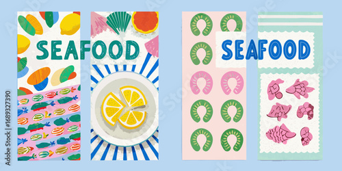 Vibrant and playful collection of seafood illustrations with abstract elements and citrus fruits