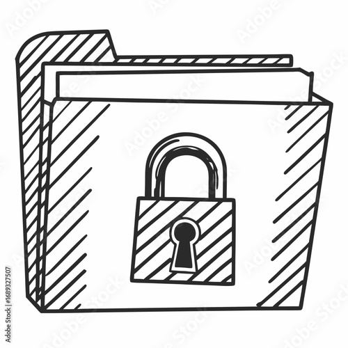 Folder with documents secured by a padlock illustration with hatching vector design element concept