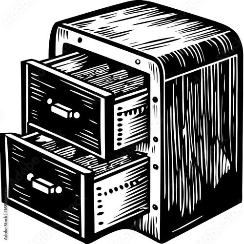 Illustration of a filing cabinet with two open drawers filled with documents and papers in black and white