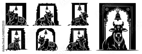 Sacred Nandi bull in temple arch silhouette set