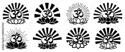 Om Aum symbol with lotus and sun rays collection