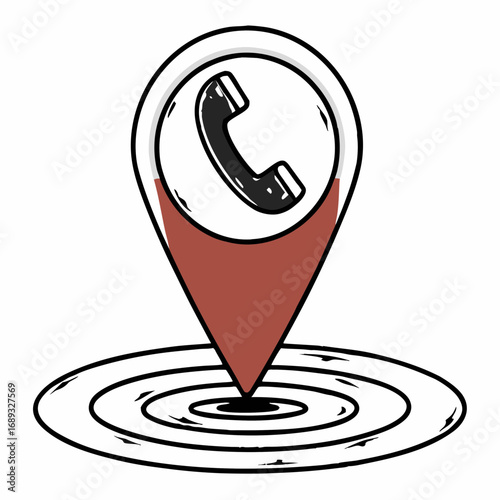 A location pin with a telephone icon inside marking a specific point on concentric circle ground