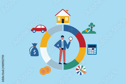 Financial planning and investment strategy concept with business man and pie chart elements