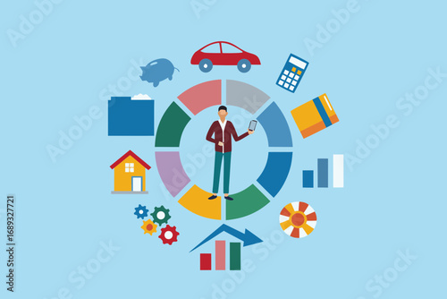 Man in the center of a colorful pie chart surrounded by icons representing financial planning and life goals