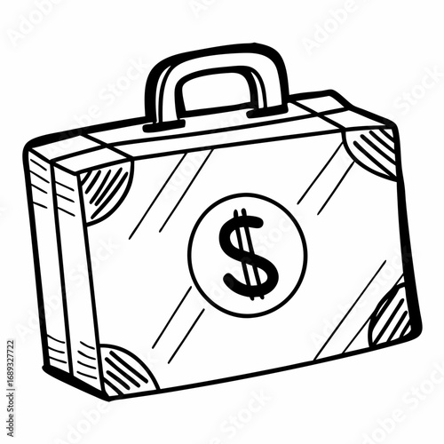 Illustration of a briefcase with a dollar sign on it in black and white drawing style design