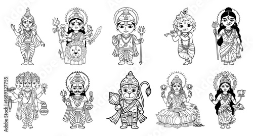 Child style Hindu gods and goddesses outline vector illustration set