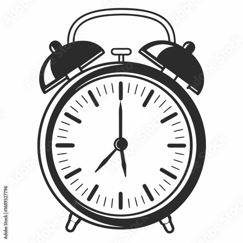 Illustration of a classic alarm clock with bells and hands showing the time in a monochrome design style