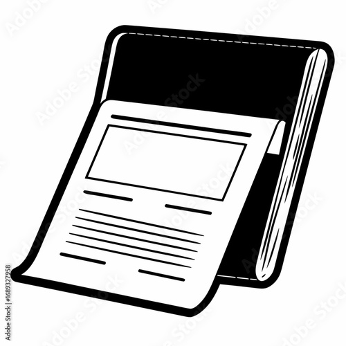 Illustration of a black and white open book with a page showing lines of text and a text box area