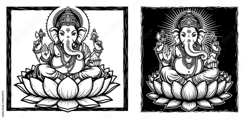 Fototapeta premium Ganesha lotus framed engraving icon set vector