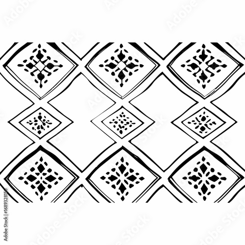 Black and white diamond pattern with floral like design inside each diamond in a repeating sequence design
