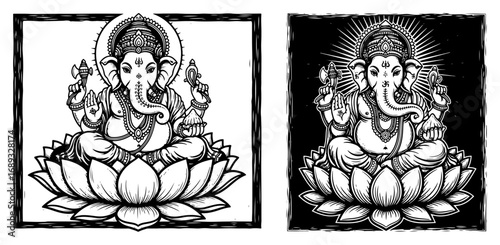 Ganesha lotus framed engraving icon set vector