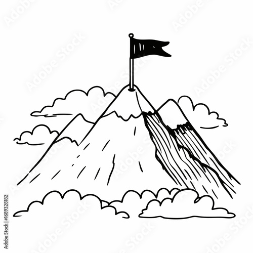 Illustration of a mountain peak with a flag on top surrounded by clouds in black and white outline
