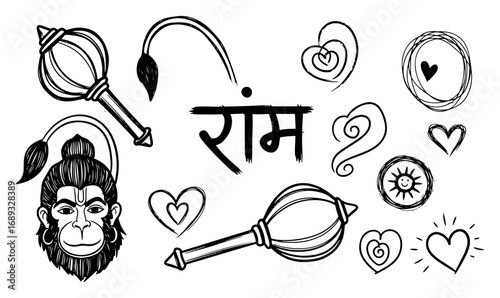 Hanuman doodle with gada and Ram text vector illustration