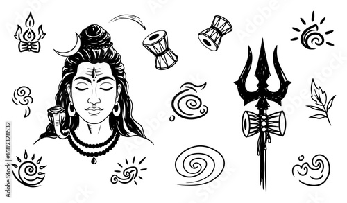 Shiva face trident doodle icon set vector