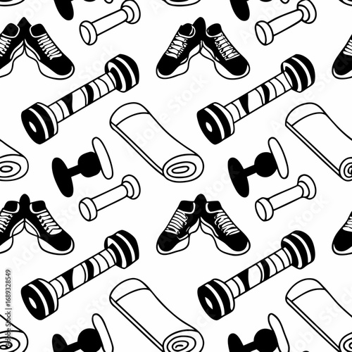 Seamless pattern of workout equipment including dumbbells shoes and rolled up towels in black and white style