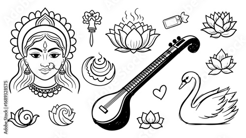 Saraswati goddess veena lotus swan outline vector illustration set