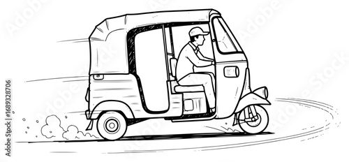 Indian auto rickshaw in motion hand drawn sketch illustration