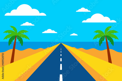 Tropical beach road scenic vector illustration palm trees ocean sky clouds landscape design